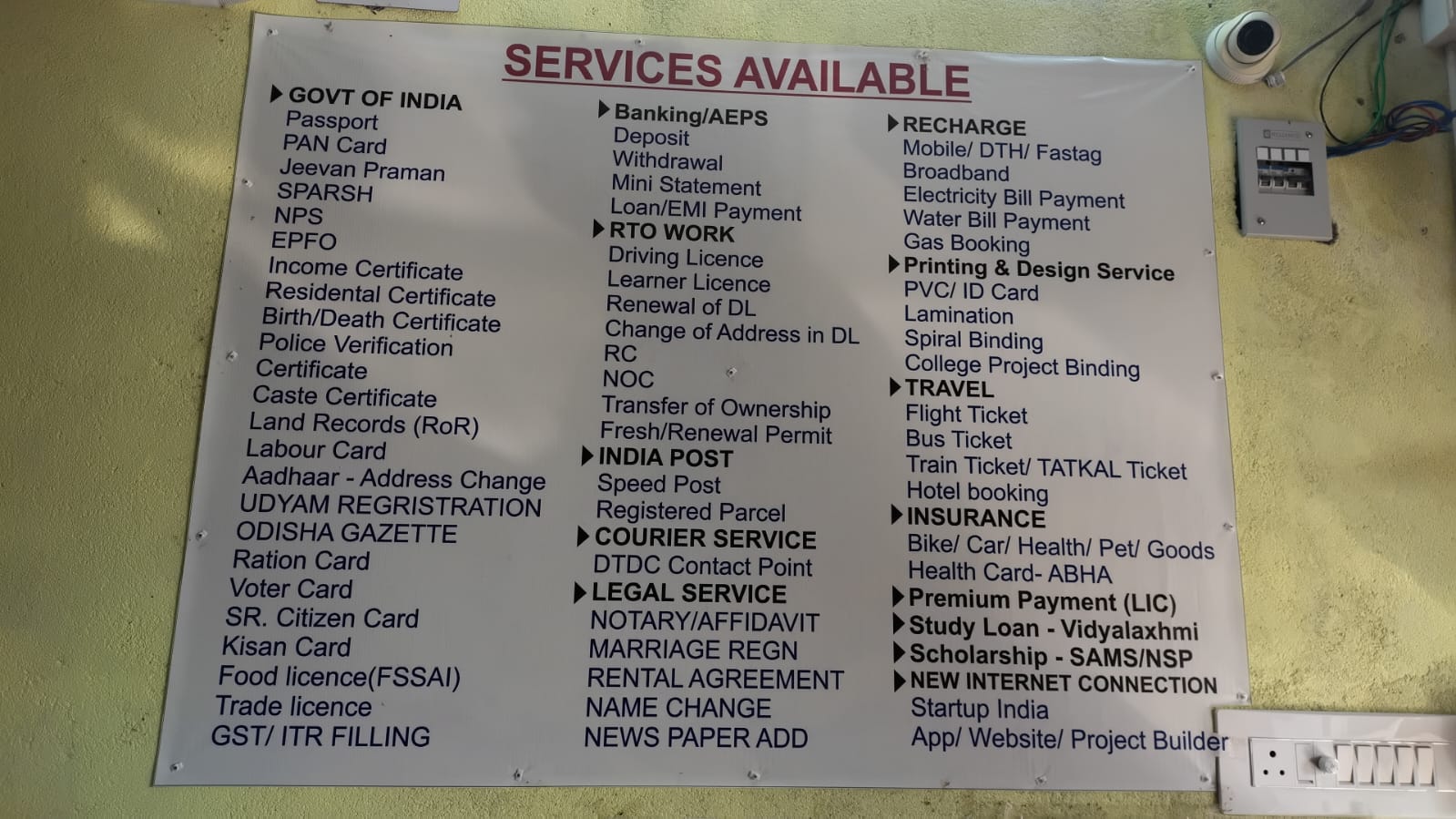 Services Available Board